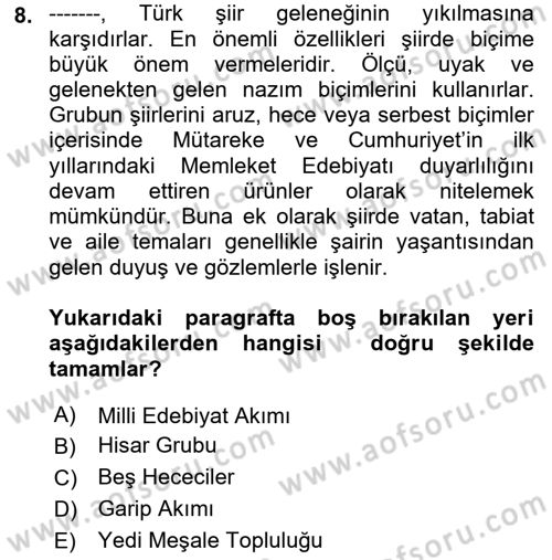 Cumhuriyet Dönemi Türk Şiiri Dersi 2023 - 2024 Yılı (Final) Dönem Sonu Sınav Soruları 8. Soru