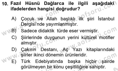 Cumhuriyet Dönemi Türk Şiiri Dersi 2023 - 2024 Yılı Yaz Okulu Sınav Soruları 10. Soru
