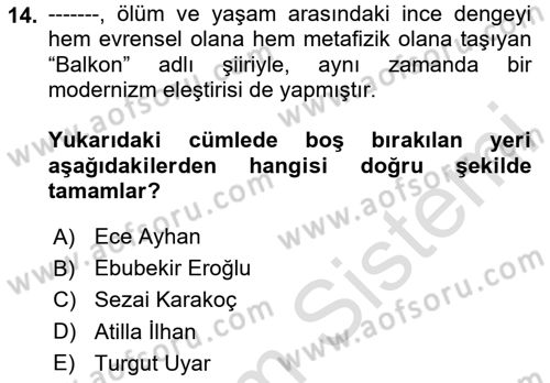 Cumhuriyet Dönemi Türk Şiiri Dersi 2023 - 2024 Yılı Yaz Okulu Sınav Soruları 14. Soru