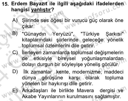 Cumhuriyet Dönemi Türk Şiiri Dersi 2023 - 2024 Yılı Yaz Okulu Sınav Soruları 15. Soru
