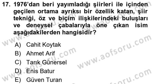 Cumhuriyet Dönemi Türk Şiiri Dersi 2023 - 2024 Yılı Yaz Okulu Sınav Soruları 17. Soru