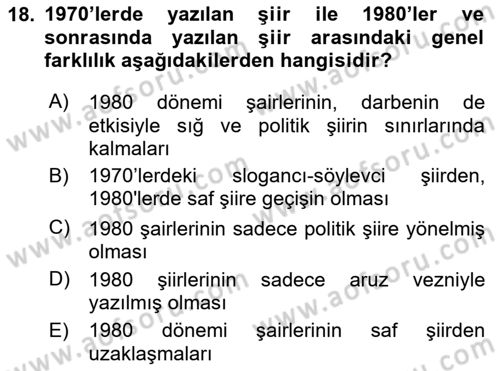 Cumhuriyet Dönemi Türk Şiiri Dersi 2023 - 2024 Yılı Yaz Okulu Sınav Soruları 18. Soru