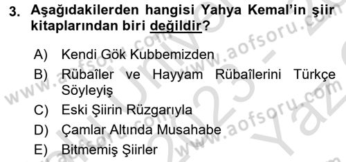 Cumhuriyet Dönemi Türk Şiiri Dersi 2023 - 2024 Yılı Yaz Okulu Sınav Soruları 3. Soru