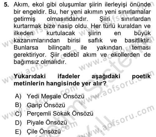 Cumhuriyet Dönemi Türk Şiiri Dersi 2023 - 2024 Yılı Yaz Okulu Sınav Soruları 5. Soru