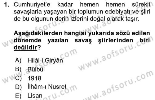 Cumhuriyet Dönemi Türk Şiiri Dersi 2024 - 2025 Yılı (Vize) Ara Sınav Soruları 1. Soru