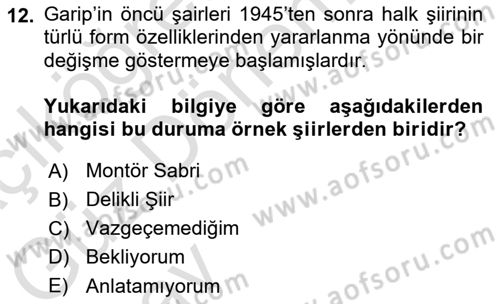 Cumhuriyet Dönemi Türk Şiiri Dersi 2024 - 2025 Yılı (Vize) Ara Sınav Soruları 12. Soru