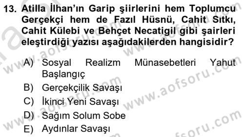 Cumhuriyet Dönemi Türk Şiiri Dersi 2024 - 2025 Yılı (Vize) Ara Sınav Soruları 13. Soru