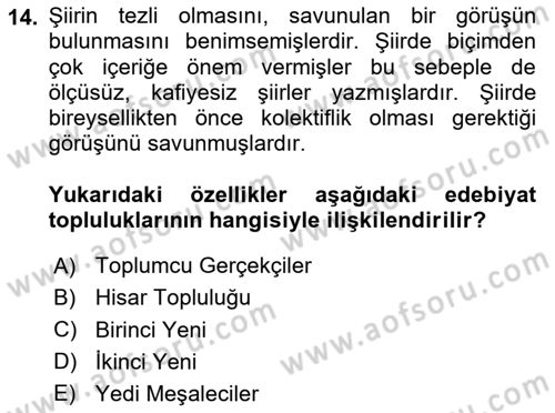 Cumhuriyet Dönemi Türk Şiiri Dersi Ara Sınavı Deneme Sınav Soruları 14. Soru