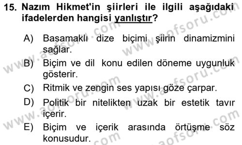 Cumhuriyet Dönemi Türk Şiiri Dersi 2024 - 2025 Yılı (Vize) Ara Sınav Soruları 15. Soru