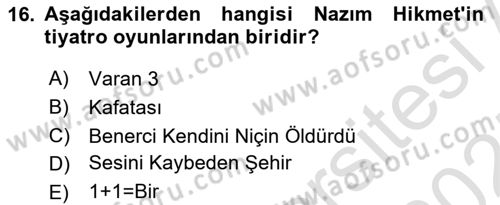 Cumhuriyet Dönemi Türk Şiiri Dersi 2024 - 2025 Yılı (Vize) Ara Sınav Soruları 16. Soru