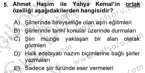 Cumhuriyet Dönemi Türk Şiiri Dersi 2024 - 2025 Yılı (Vize) Ara Sınav Soruları 5. Soru
