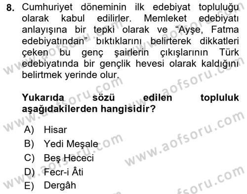 Cumhuriyet Dönemi Türk Şiiri Dersi 2024 - 2025 Yılı (Vize) Ara Sınav Soruları 8. Soru