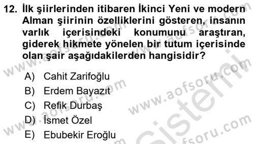 Cumhuriyet Dönemi Türk Şiiri Dersi 2024 - 2025 Yılı (Final) Dönem Sonu Sınav Soruları 12. Soru