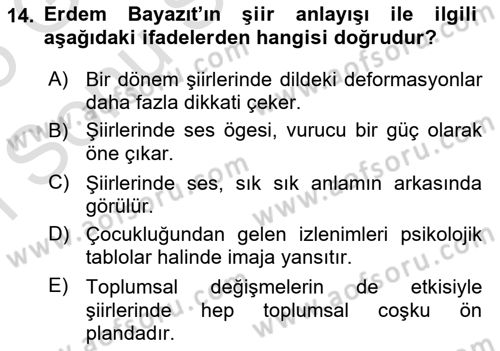 Cumhuriyet Dönemi Türk Şiiri Dersi 2024 - 2025 Yılı (Final) Dönem Sonu Sınav Soruları 14. Soru