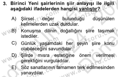 Cumhuriyet Dönemi Türk Şiiri Dersi 2024 - 2025 Yılı (Final) Dönem Sonu Sınav Soruları 3. Soru