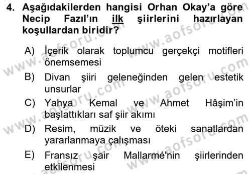Cumhuriyet Dönemi Türk Şiiri Dersi 2024 - 2025 Yılı (Final) Dönem Sonu Sınav Soruları 4. Soru