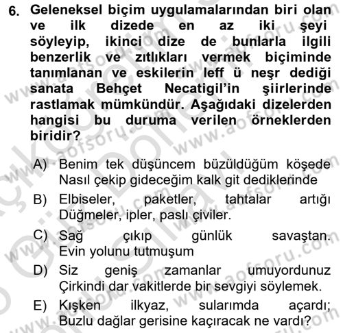 Cumhuriyet Dönemi Türk Şiiri Dersi 2024 - 2025 Yılı (Final) Dönem Sonu Sınav Soruları 6. Soru
