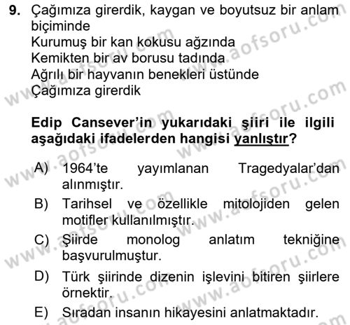 Cumhuriyet Dönemi Türk Şiiri Dersi 2024 - 2025 Yılı (Final) Dönem Sonu Sınav Soruları 9. Soru