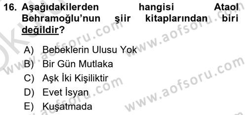 Cumhuriyet Dönemi Türk Şiiri Dersi 2024 - 2025 Yılı Yaz Okulu Sınav Soruları 16. Soru