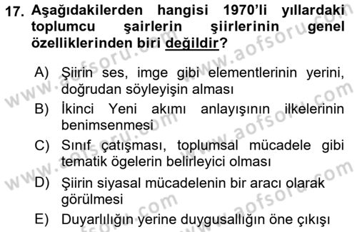 Cumhuriyet Dönemi Türk Şiiri Dersi 2024 - 2025 Yılı Yaz Okulu Sınav Soruları 17. Soru