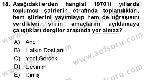 Cumhuriyet Dönemi Türk Şiiri Dersi 2024 - 2025 Yılı Yaz Okulu Sınav Soruları 18. Soru