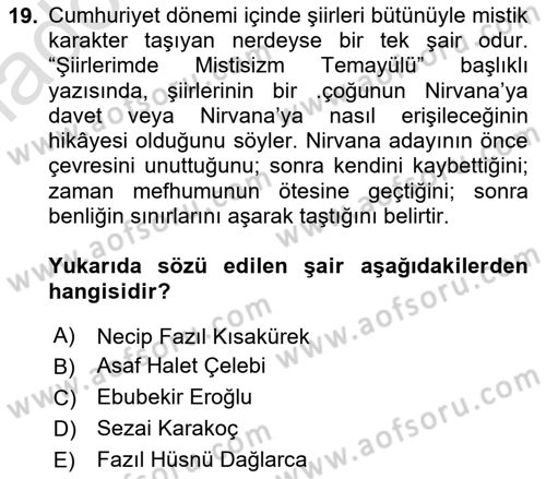 Cumhuriyet Dönemi Türk Şiiri Dersi 2024 - 2025 Yılı Yaz Okulu Sınav Soruları 19. Soru