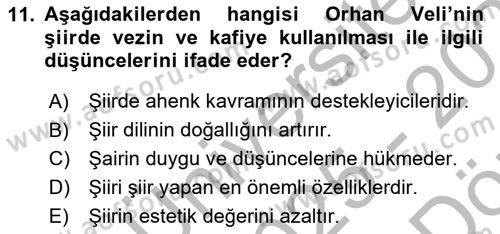 Cumhuriyet Dönemi Türk Şiiri Dersi 2025 - 2026 Yılı (Vize) Ara Sınav Soruları 11. Soru