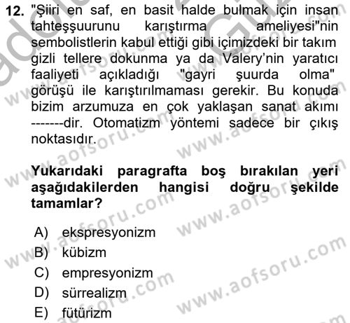 Cumhuriyet Dönemi Türk Şiiri Dersi 2025 - 2026 Yılı (Vize) Ara Sınav Soruları 12. Soru