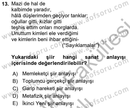 Cumhuriyet Dönemi Türk Şiiri Dersi 2025 - 2026 Yılı (Vize) Ara Sınav Soruları 13. Soru