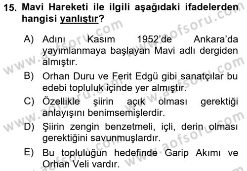 Cumhuriyet Dönemi Türk Şiiri Dersi 2025 - 2026 Yılı (Vize) Ara Sınav Soruları 15. Soru
