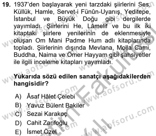 Cumhuriyet Dönemi Türk Şiiri Dersi 2025 - 2026 Yılı (Vize) Ara Sınav Soruları 19. Soru