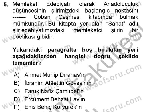 Cumhuriyet Dönemi Türk Şiiri Dersi 2025 - 2026 Yılı (Vize) Ara Sınav Soruları 5. Soru