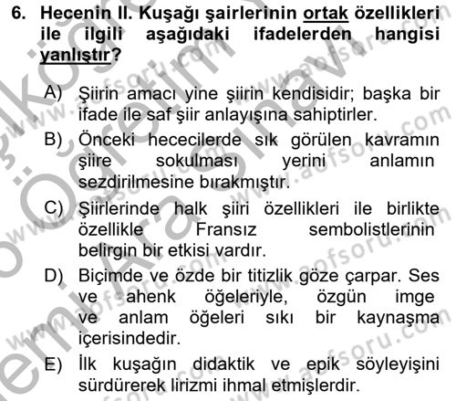 Cumhuriyet Dönemi Türk Şiiri Dersi 2025 - 2026 Yılı (Vize) Ara Sınav Soruları 6. Soru