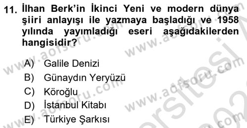 Cumhuriyet Dönemi Türk Şiiri Dersi 2025 - 2026 Yılı (Final) Dönem Sonu Sınav Soruları 11. Soru