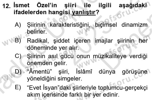 Cumhuriyet Dönemi Türk Şiiri Dersi 2025 - 2026 Yılı (Final) Dönem Sonu Sınav Soruları 12. Soru