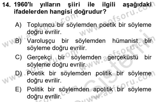 Cumhuriyet Dönemi Türk Şiiri Dersi 2025 - 2026 Yılı (Final) Dönem Sonu Sınav Soruları 14. Soru