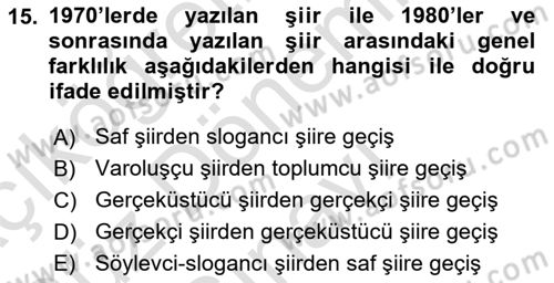 Cumhuriyet Dönemi Türk Şiiri Dersi 2025 - 2026 Yılı (Final) Dönem Sonu Sınav Soruları 15. Soru