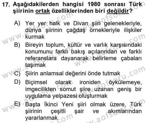 Cumhuriyet Dönemi Türk Şiiri Dersi 2025 - 2026 Yılı (Final) Dönem Sonu Sınav Soruları 17. Soru