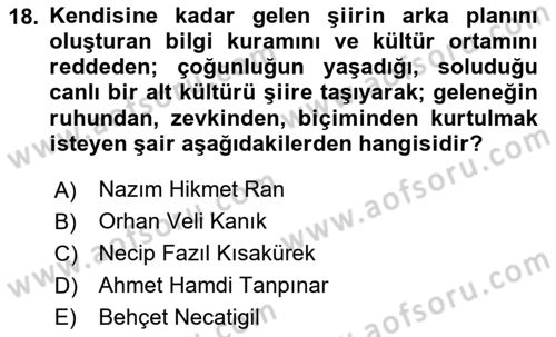 Cumhuriyet Dönemi Türk Şiiri Dersi 2025 - 2026 Yılı (Final) Dönem Sonu Sınav Soruları 18. Soru
