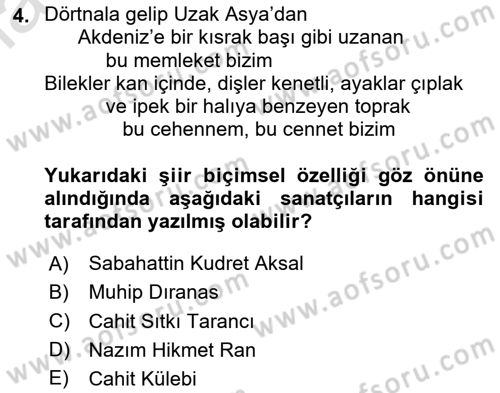 Cumhuriyet Dönemi Türk Şiiri Dersi 2025 - 2026 Yılı (Final) Dönem Sonu Sınav Soruları 4. Soru
