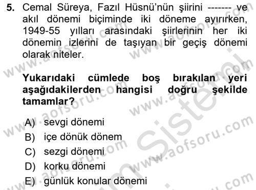 Cumhuriyet Dönemi Türk Şiiri Dersi 2025 - 2026 Yılı (Final) Dönem Sonu Sınav Soruları 5. Soru