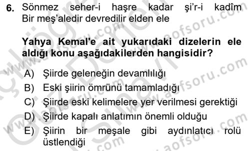 Cumhuriyet Dönemi Türk Şiiri Dersi 2025 - 2026 Yılı (Final) Dönem Sonu Sınav Soruları 6. Soru