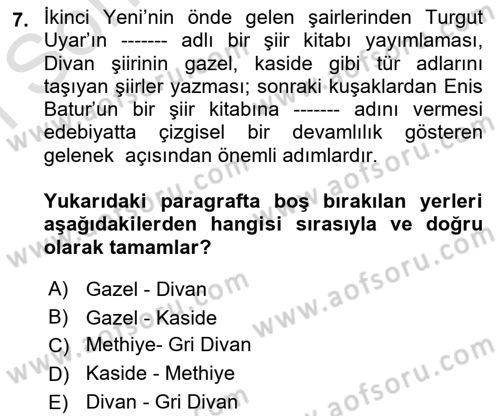 Cumhuriyet Dönemi Türk Şiiri Dersi 2025 - 2026 Yılı (Final) Dönem Sonu Sınav Soruları 7. Soru