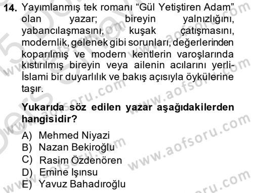Çağdaş Türk Romanı Dersi 2014 - 2015 Yılı Tek Ders Sınav Soruları 14. Soru