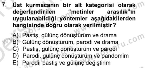 Çağdaş Türk Romanı Dersi 2014 - 2015 Yılı Tek Ders Sınav Soruları 7. Soru
