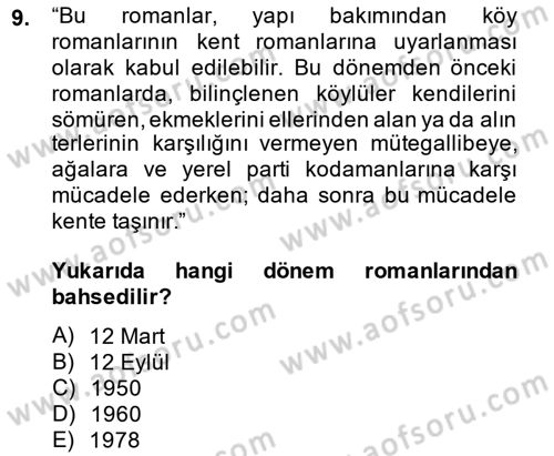 Çağdaş Türk Romanı Dersi 2014 - 2015 Yılı Tek Ders Sınav Soruları 9. Soru