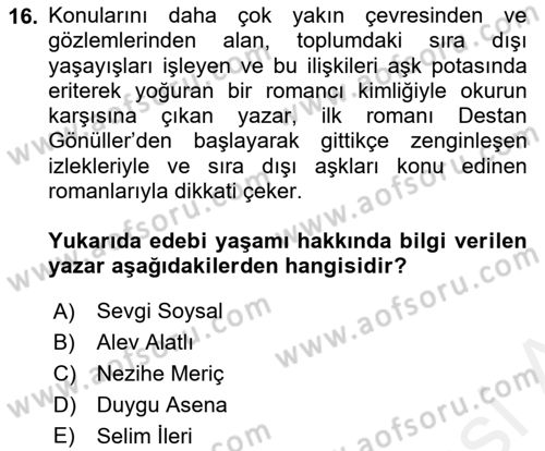 Çağdaş Türk Romanı Dersi 2015 - 2016 Yılı Tek Ders Sınav Soruları 16. Soru