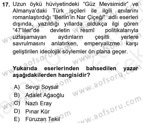 Çağdaş Türk Romanı Dersi 2015 - 2016 Yılı Tek Ders Sınav Soruları 17. Soru