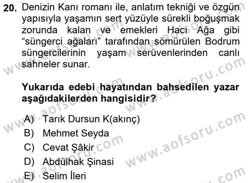 Çağdaş Türk Romanı Dersi 2015 - 2016 Yılı Tek Ders Sınav Soruları 20. Soru