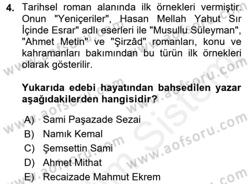 Çağdaş Türk Romanı Dersi 2015 - 2016 Yılı Tek Ders Sınav Soruları 4. Soru